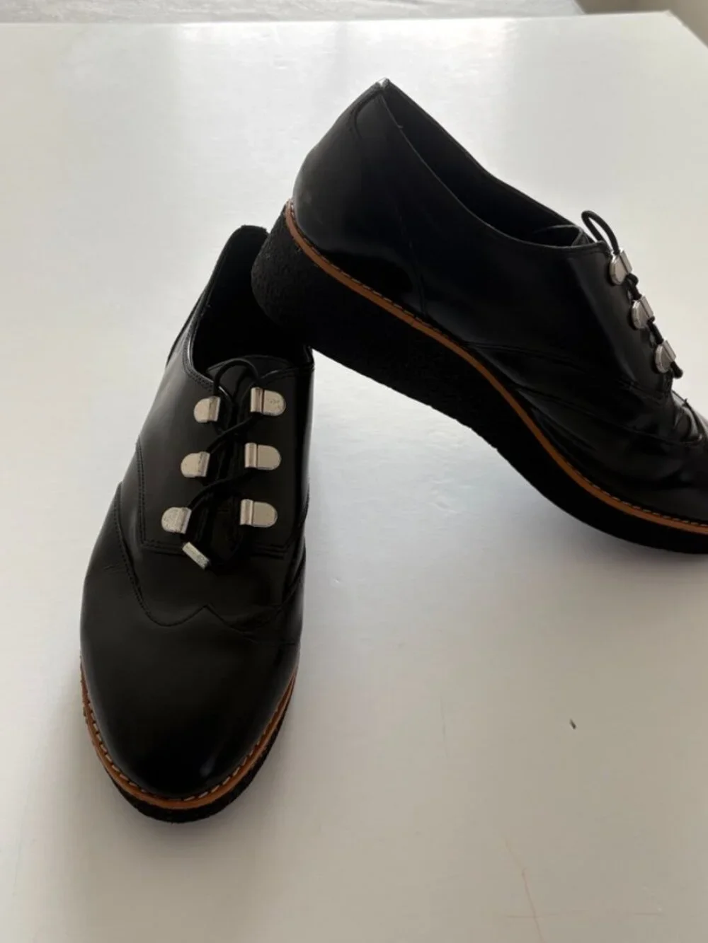 Women's Rebecca Minkoff Polly Platform Oxfords Black Leather Silver Clasps 9